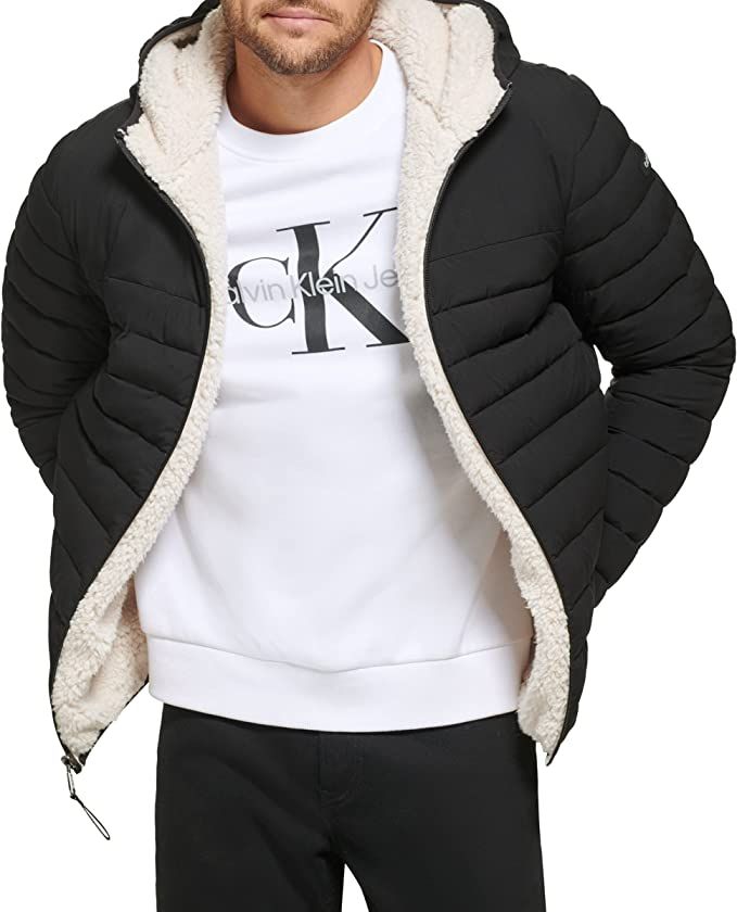 Calvin Klein Men's Lightweight Packable Down Jacket With Fleece Bib and Removable Hood