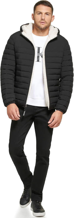 Calvin Klein Men's Lightweight Packable Down Jacket With Fleece Bib and Removable Hood