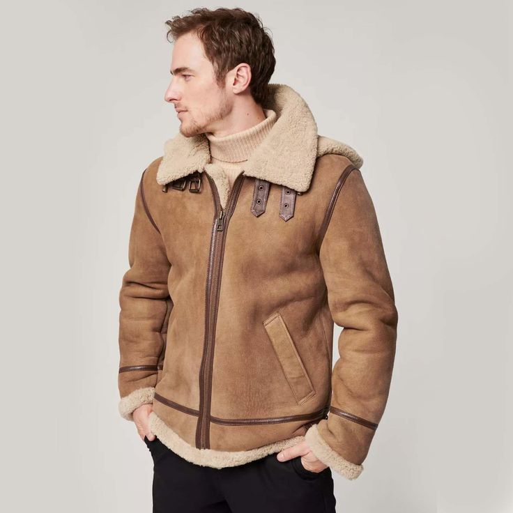 Light Brown Winter Shearling Jacket Men Retro Style
