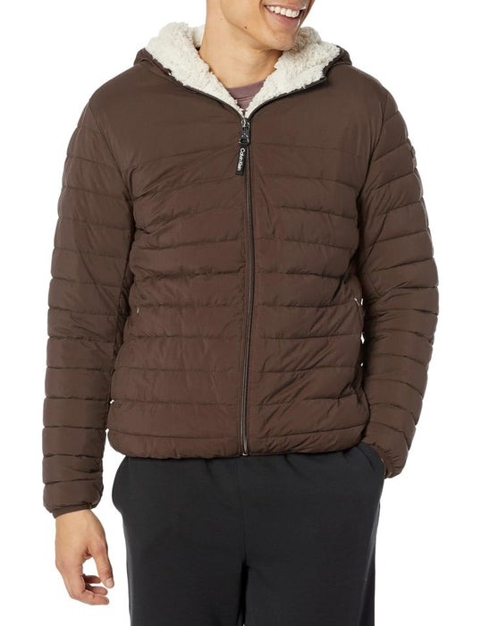 Calvin Klein Men's Lightweight Packable Down Jacket With Fleece Bib and Removable Hood