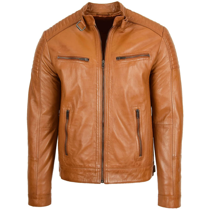 Men’s Tan Leather Biker Jacket  Classic Tan Leather Zip-Up Jacket  Men’s Premium Tan Leather Jacket