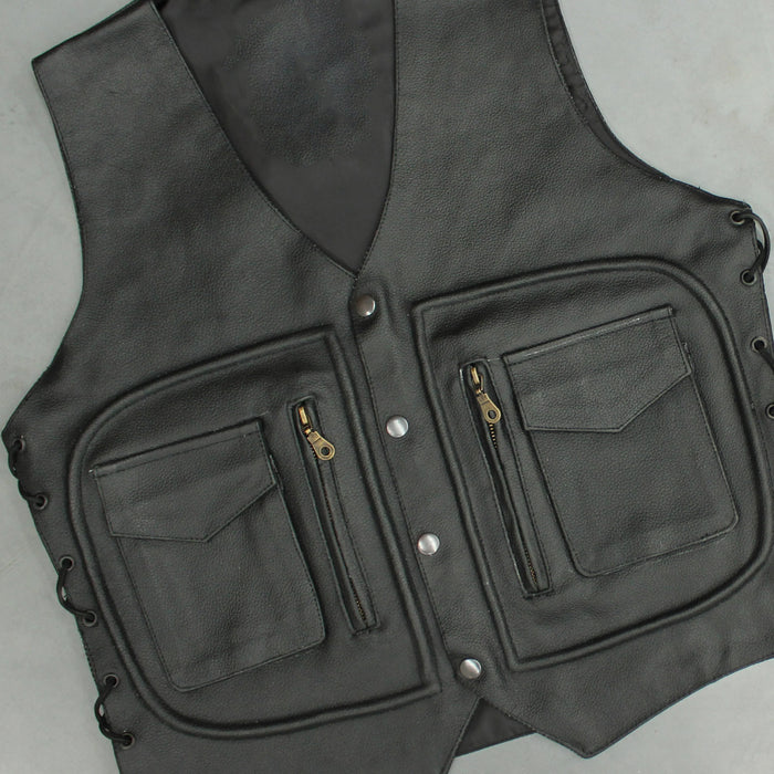 Men’s Black Leather Motorcycle Vest with Utility Pockets, Biker Leather Vest with Zipper and Flap Pockets