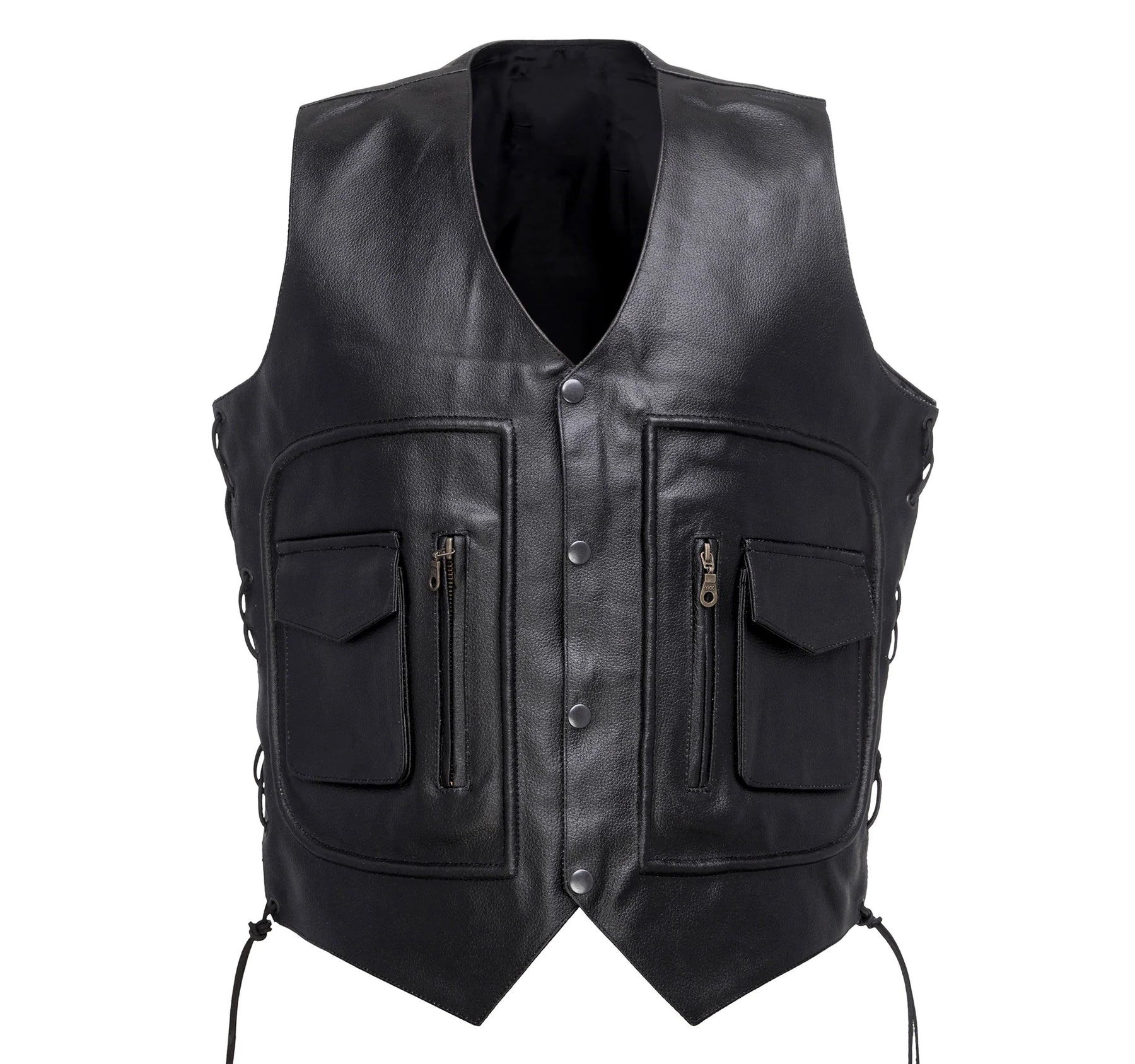 Men’s Black Leather Motorcycle Vest with Utility Pockets, Biker Leather Vest with Zipper and Flap Pockets