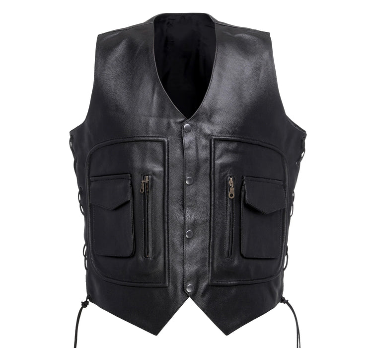 Men’s Black Leather Motorcycle Vest with Utility Pockets, Biker Leather Vest with Zipper and Flap Pockets