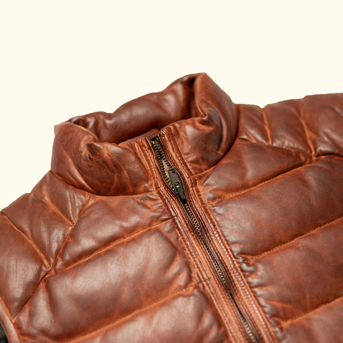 Classic Quilted Leather Vest, Vintage Brown Leather Puffer Vest